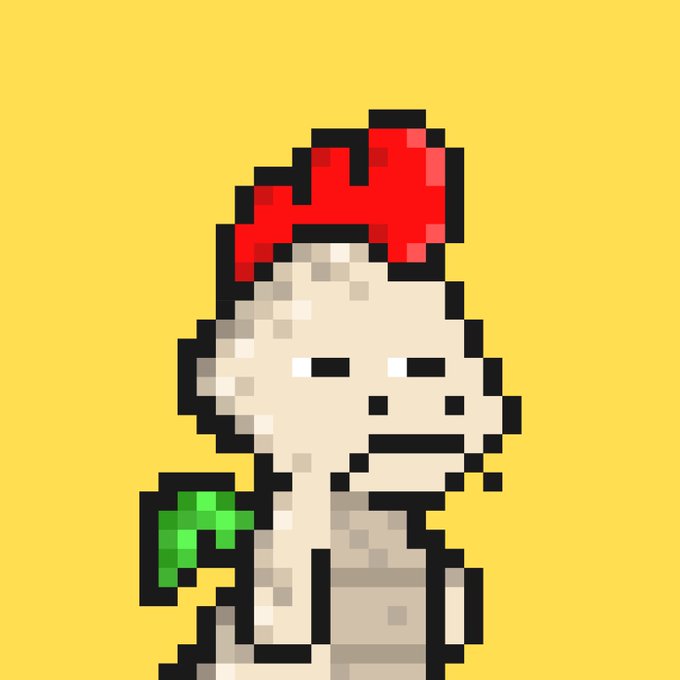 A pixel art illustration of a character with a red mohawk, sad expression, and green shoulder pad on a yellow background.