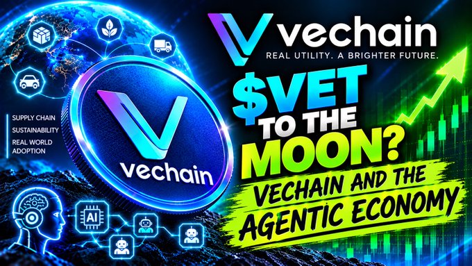 A graphic thumbnail for a video titled '$VET TO THE MOON? VECHAIN AND THE AGENTIC ECONOMY', featuring the Vechain logo, icons representing supply chain, AI, and robotics, and a green upward chart.