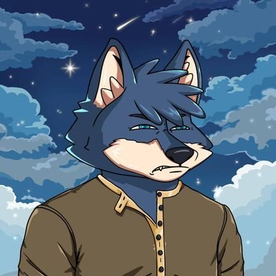 Pixel art illustration of a blue-furred wolf/canine character wearing a brown shirt, set against a starry night sky with clouds.