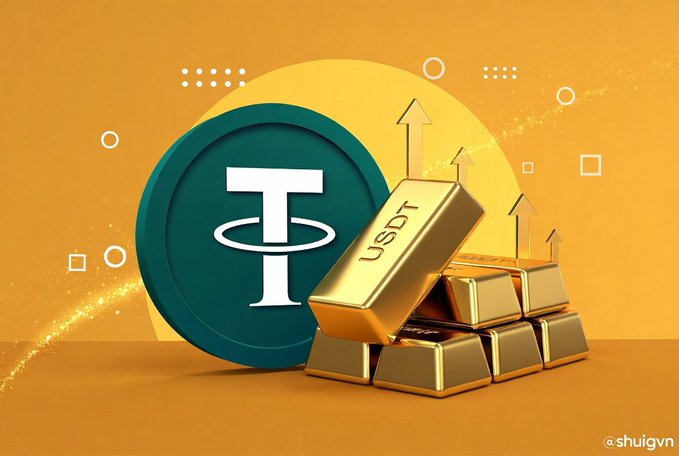 The image shows a green Tether (USDT) logo alongside stacks of gold bars with upward arrows, visually representing Tether's significant gold and Bitcoin acquisitions highlighted in the post, including ~14 tons of new gold (totaling ~145 tons/$18.5 billion) and ~1,800 BTC purchased in Q2.