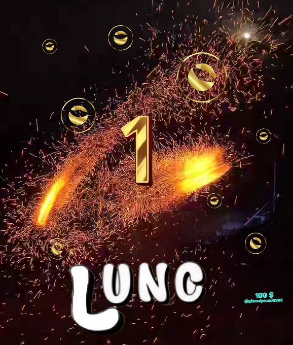 Dramatic digital graphic featuring a large golden '1', the word 'LUNC' at the bottom, floating coin symbols, and fiery sparks on a dark background, with '@sinoftrading0096' watermark.