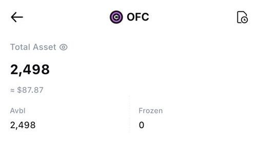 The image shows a screenshot of an OFC account page that displays the total asset value of the user's fund, with the balance rounded to two significant figures, as well as details about how much money has been claimed for the OFC vesting program. The text in the image indicates that this is a part of a post by @ofc_the_club celebrating the successful claiming of their monthly $OFC vesting.