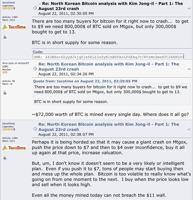 A forum post from "TacoTime" dated August 22, 2011, titled "Re: North Korean Bitcoin analysis with Kim Jong-il - Part 1: The August 23rd crash," discusses low Bitcoin trading volume, noting that pushing BTC to $9 would require $800,000 in selling and to $13 would require $300,000 in buying, with the comment "BTC is in short supply for some reason."