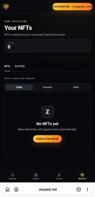 A screenshot of the ZecPad NFT dashboard on zecpad.net showing an empty collection with 'No NFTs yet' and a balance of 1.00724488 ZEC (u1kdwp6K...sz28).