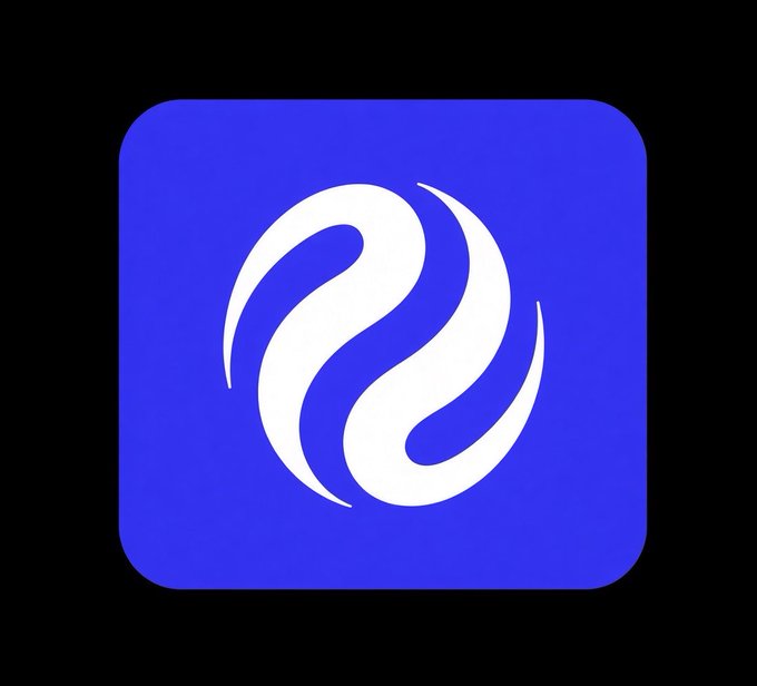 A blue app icon featuring a white stylized swirl design on a black background.