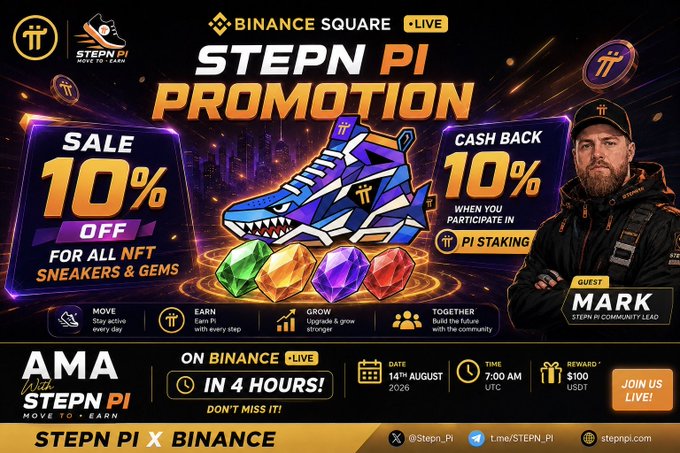 A promotional graphic for STEPN PI's final 3-day sale on Binance Square, featuring a colorful sneaker and four gemstones, highlighting "10% OFF for all NFT Sneakers & Gems" and "10% Cash Back when you participate in PI Staking." The image showcases community lead Mark as a guest, with an upcoming AMA scheduled for August 14, 2026, at 7:00 AM UTC, offering $100 USDT rewards.