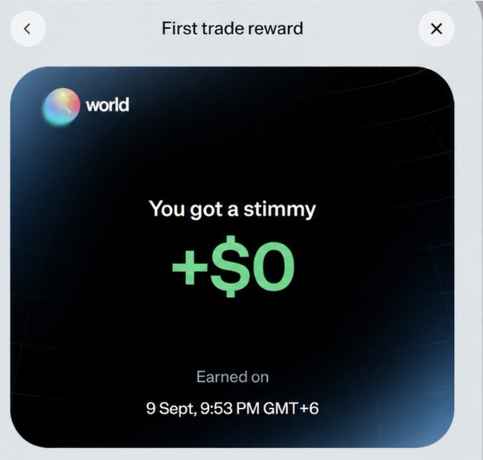 A mobile app screen from 'World' displaying a 'First trade reward' notification that says 'You got a stimmy' and '+ $0', earned on 9 Sept, 9:53 PM GMT+6.