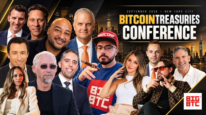A promotional poster for the 'Bitcoin Treasuries Conference' in New York City in September 2026, featuring a montage of various speakers and a 'BTC' logo in the bottom right.