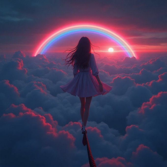 An anime-style digital illustration of a girl with long dark hair in a white dress walking on a tightrope above clouds at sunset, with a glowing rainbow arching across the sky.