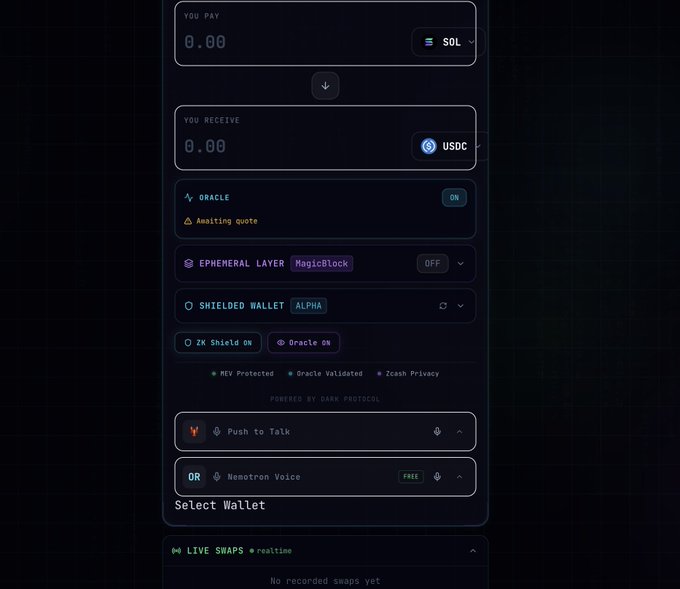 A dark-themed cryptocurrency swap interface shows fields for 'YOU PAY' (0.00 SOL) and 'YOU RECEIVE' (0.00 USDC), with toggles for ORACLE (ON), EPHEMERAL LAYER (OFF), and SHIELDED WALLET (ALPHA), plus options for 'Push to Talk' and 'Mesotron Voice' powered by Dark Protocol.