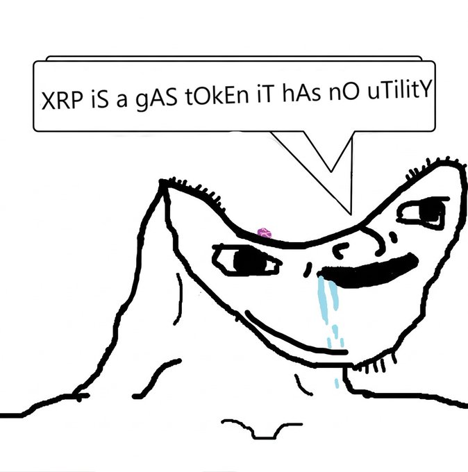 A crudely drawn cat face with a tear and drool declares in mixed-case text, "XRP iS a gAS tOkEn iT hAs nO uTiliTY," appearing to mock or oppose the post's defense of XRP as valuable decentralized money that cannot be seized by any person or government.