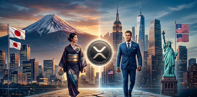 A Japanese woman in traditional dress and an American businessman in a suit walk toward each other across a bridge connecting the Mount Fuji skyline and New York City, flanking an XRP logo between Japanese and American flags. The split composition visually echoes the post's message about Japan currently leading in XRP adoption while the US is racing to catch up.