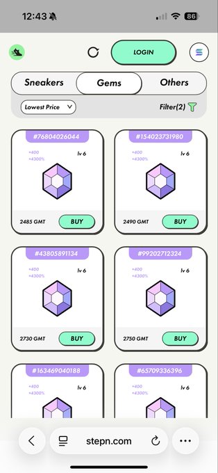 A STEPN marketplace screenshot showing purple gem NFTs for sale at various GMT prices (2483-2750 GMT) with efficiency and luck stats.