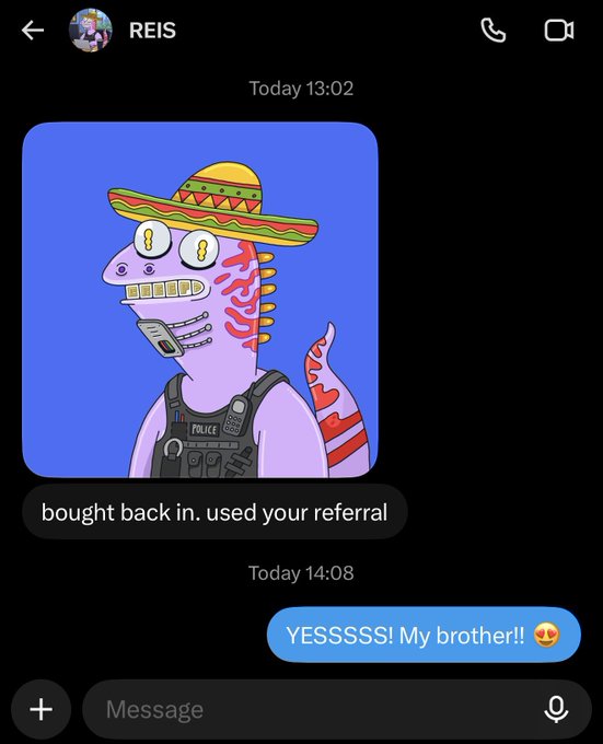 iMessage conversation with REIS showing an image of a cartoon purple monster wearing a sombrero and police vest, captioned 'bought back in. used your referral', followed by the reply 'YESSSSS! My brother!! 🤩'.