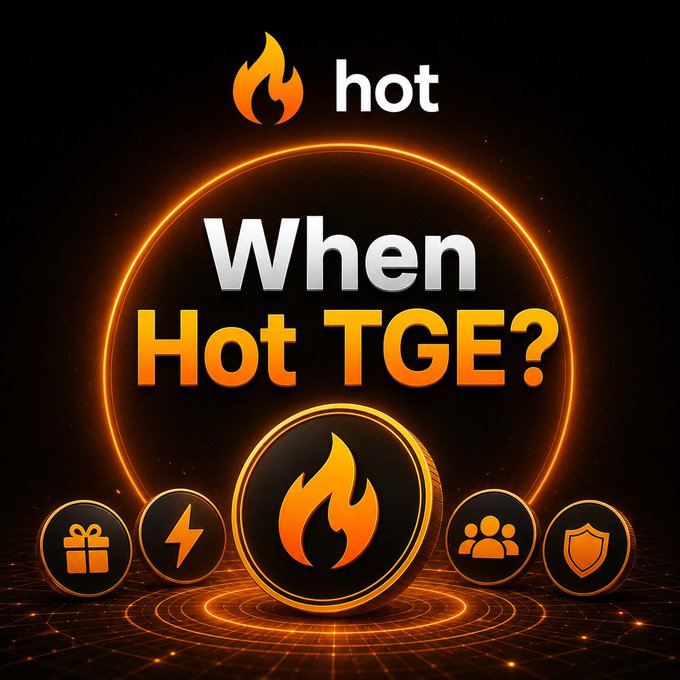 A promotional graphic asking "When Hot TGE?" featuring a central coin with a flame logo, the "hot" brand name at the top, and four surrounding icons representing gifts, energy, community, and security.