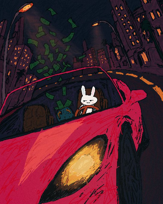 A stylized digital illustration showing a white rabbit character driving a bright pink convertible through a dark city street at night while green money flies through the air.