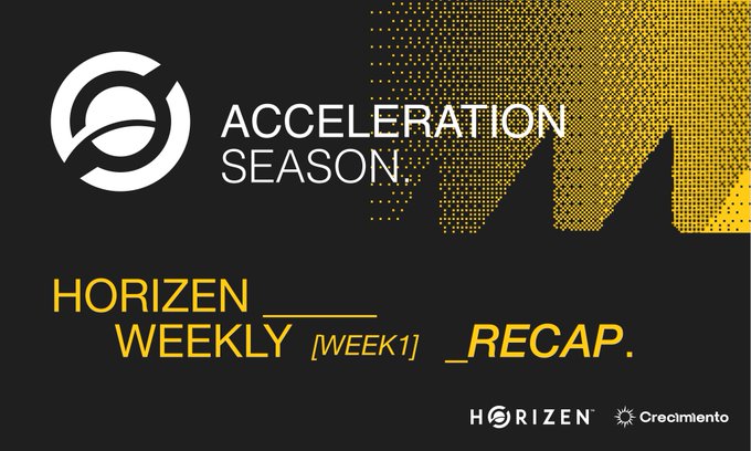 A promotional graphic for Horizen's "Acceleration Season" featuring a logo and the text "HORIZEN WEEKLY [WEEK 1] RECAP." with the Horizen and Crecimiento logos at the bottom.