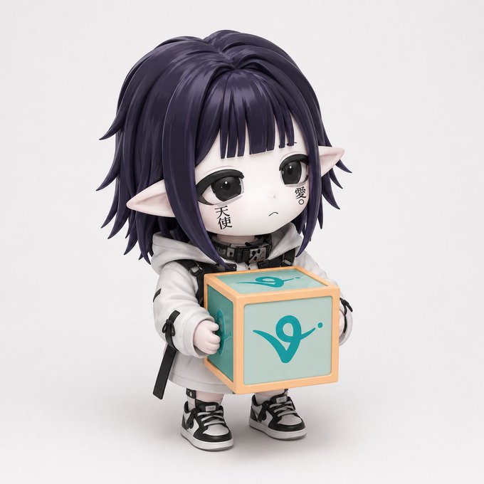 3D rendered figure of an elf-like character with dark hair and facial tattoos holding a toy block with a teal logo.