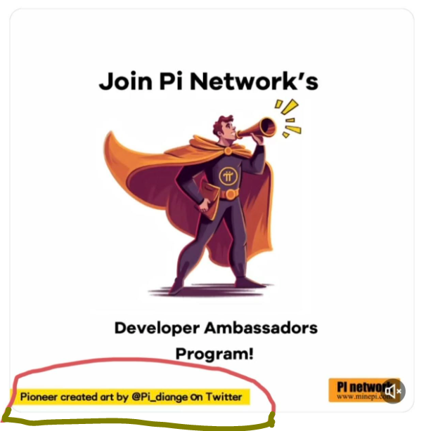 A promotional image for "Pi Network's Developer Ambassadors Program" features an illustrated superhero blowing a trumpet, with credit text at the bottom reading "Pioneer created art by @Pi_diange on Twitter." The image relates to the post by illustrating Pi Network's recruitment campaign, highlighting how the project's marketing efforts, such as this ambassador program, help drive engagement and clicks on content tied to speculative narratives like GCV314159.