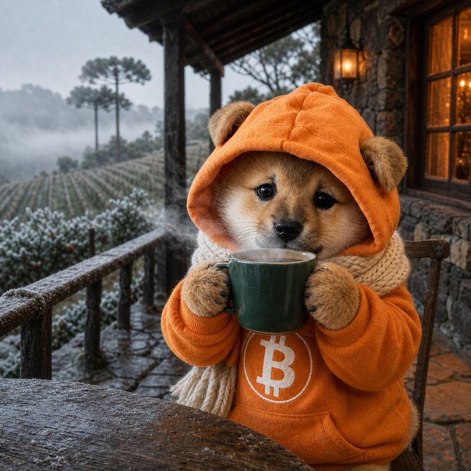 An AI-generated image of an adorable bear cub wearing an orange Bitcoin-themed hoodie, sipping from a green mug on a rustic wooden porch during a snowy day.