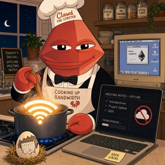A cartoon lobster chef wearing a "Clawd the Lobster" hat stirs a glowing pot emitting Wi-Fi signals, labeled "Cooking up Bandwidth," alongside jars reading "Focus," "No Trackers," and "Local First," a laptop showing meeting notes being transcribed offline ("100% Local"), and a desktop displaying an Ethereum wallet balance of 4.200 ETH—visually matching the post's updates about Clawd Video Chat's LAN mode and token gating, Clawd Scribe's offline transcription fix, and the broader "local-first" theme of the clawd-* tools.