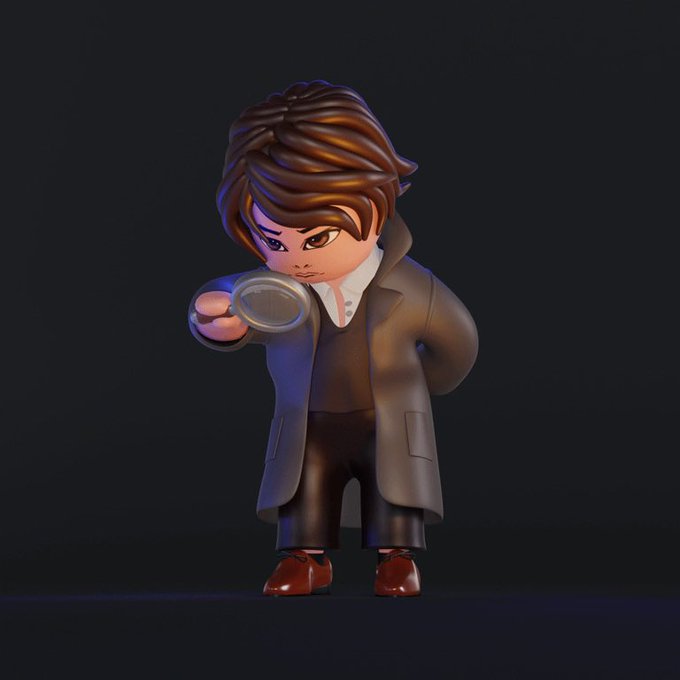 A 3D-rendered chibi-style detective character with brown hair wearing a long brown coat and red shoes, holding up a magnifying glass in a dramatic pose against a dark background.