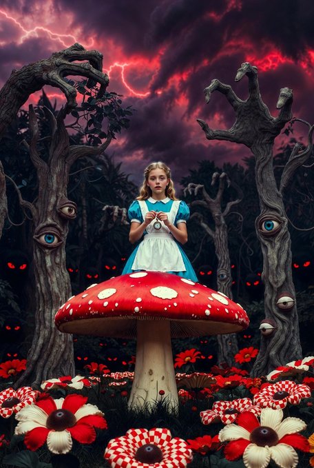A surreal, dark fantasy illustration features a girl in a blue dress standing atop a giant red-and-white spotted mushroom, surrounded by twisted trees with eyes and red-and-white flowers under a stormy red sky.