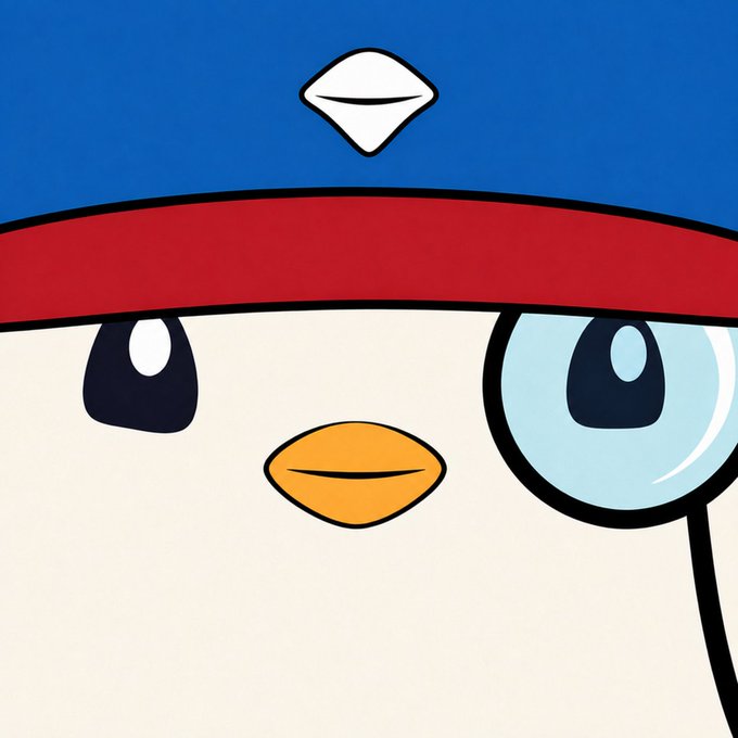 A simple cartoon illustration of a penguin's face wearing a red headband with a white emblem, staring with an intense, wide-eyed expression.