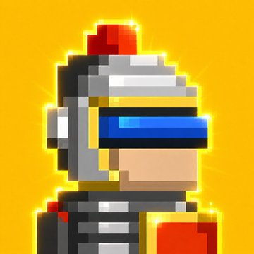 A pixel art character in a silver and red suit with a blue visor stands against a bright yellow background with star-like flares.