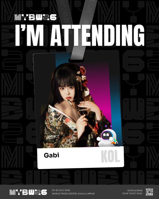 A promotional poster reading 'MYBIG6 I'M ATTENDING' featuring an ID card style design with a photo of a woman named 'Gabi' designated as a 'KOL', advertising an event on '29-30 JULY 2026' at 'WORLD TRADE CENTRE, KUALA LUMPUR' with 'SCAN & GRAB YOUR TICKET NOW'.