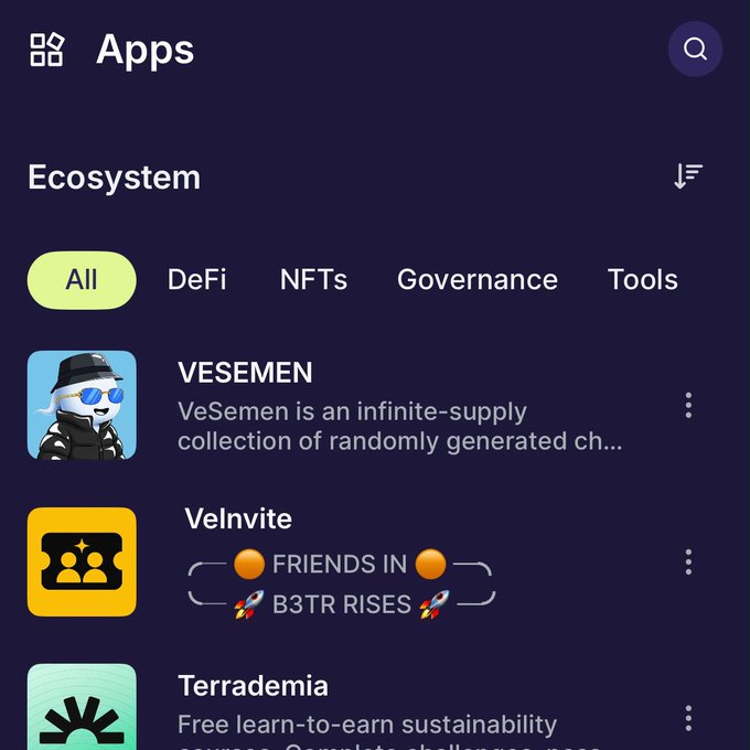 A mobile app interface displays a list of crypto/web3 applications under the 'Apps' section, including VESEMEN (described as 'an infinite-supply collection of randomly generated ch...'), VeInvite, and Terrademia.