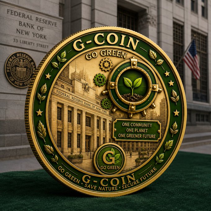 A gold and green commemorative coin labeled 'G-COIN' with 'GO GREEN' text, a sprout emblem, and the slogans 'ONE COMMUNITY ONE PLANET ONE GREENER FUTURE' and 'SAVE NATURE SECURE FUTURE,' displayed against the Federal Reserve Bank of New York building.