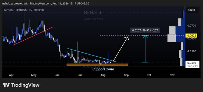 A TradingView candlestick chart of MAGIC/USDT on Binance (1D timeframe) by nehalzzz, showing a downtrend with a red trendline from April–May and a cyan downtrend line from May–August, with the price consolidating in a labeled "Support zone" around $0.0410 before a projected breakout arrow pointing to the $0.0622 target—a potential +49.91% (207%) move as noted in the chart's price scale on the right.