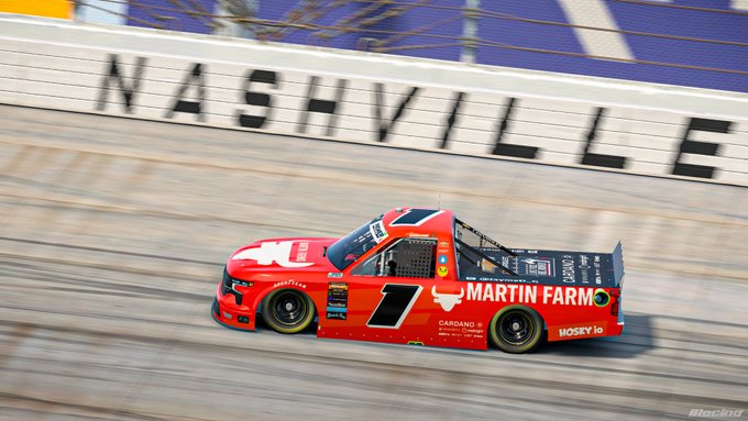 The image features a red truck racing down a track, with the word "Martin Farm" written on its side. The truck appears to be moving at high speed, as indicated by the blurred background. In the foreground of the image, there is text that reads "Music city takeover tonight at Nashville SuperS". This suggests that the truck might be participating in an event or competition related to music and entertainment.
