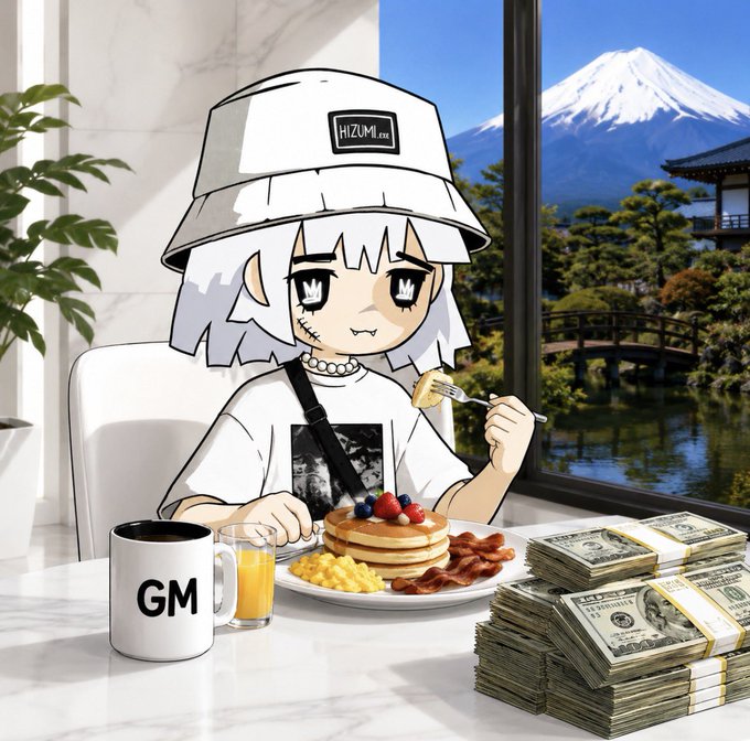 An anime-style character wearing a white bucket hat labeled 'HIZUMI.com' sits at a breakfast table with pancakes, bacon, eggs, a 'GM' mug, and stacks of cash, with Mount Fuji visible through the window behind her.