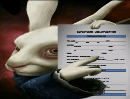 A popular meme image showing a 3D-rendered rabbit pointing at an "Employment / Job Application" form.