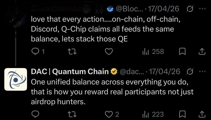 Two Twitter/X posts from BlockClaimed and DAC | Quantum Chain discussing unified on-chain and off-chain balance systems for rewarding real participants versus airdrop hunters, with engagement metrics showing likes and views.