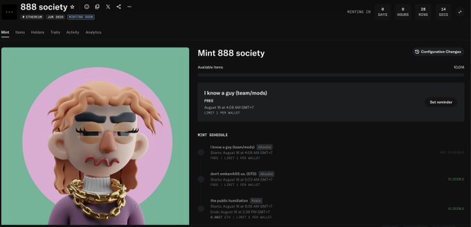 A dark-themed webpage for '888 society' NFT mint, showing a 3D avatar of a character with curly orange hair and a gold chain on a pink and green background, with mint schedule details listing dates from August 2027 and a note 'I know a guy (team/mods)'.