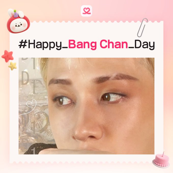 A close-up selfie with a pink decorative border featuring the hashtag '#Happy_Bang Chan_Day' and a small cartoon rabbit character in the corner.