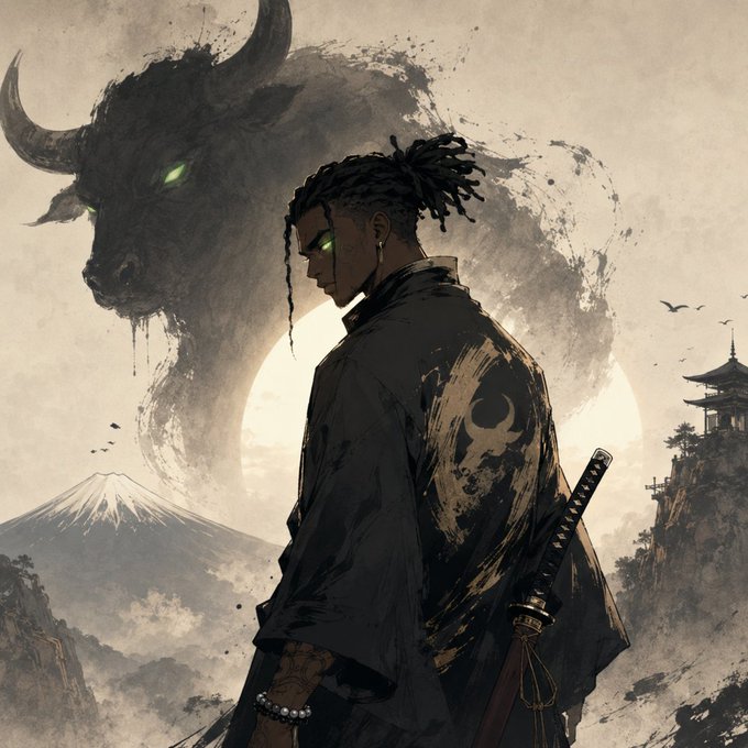 A stylized digital illustration of a samurai-like figure with green glowing eyes and a katana, standing before a large shadowy bull spirit, with Mount Fuji and a pagoda visible in the background.