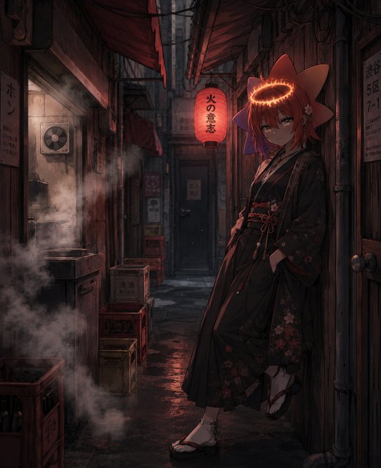 An anime-style illustration of a red-haired girl with a glowing halo standing in a dimly lit Japanese alleyway beneath a red lantern labeled with Japanese characters (火の意志).