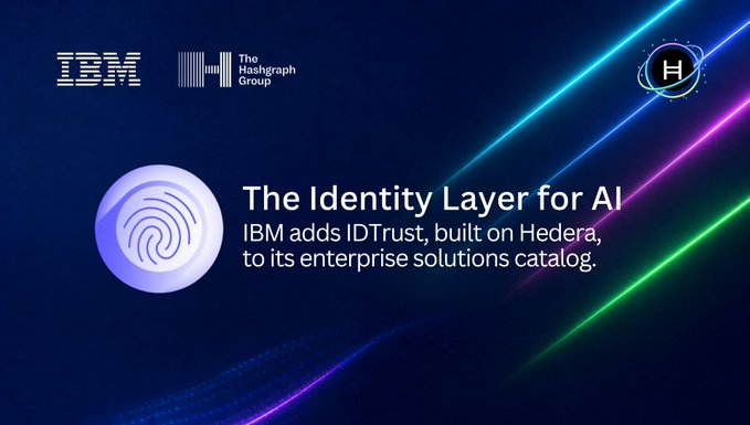 IBM and The Hashgraph Group banner announcing 'The Identity Layer for AI' — IBM adds IDTrust, built on Hedera, to its enterprise solutions catalog.