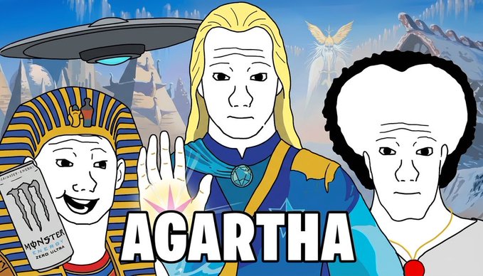 A cartoon-style drawing titled 'AGARTHA' shows three figures in a sci-fi fantasy setting: a pharaoh holding a Monster energy can, a blonde character using magic, and a bald bearded man, with a UFO and winged figure in the background.