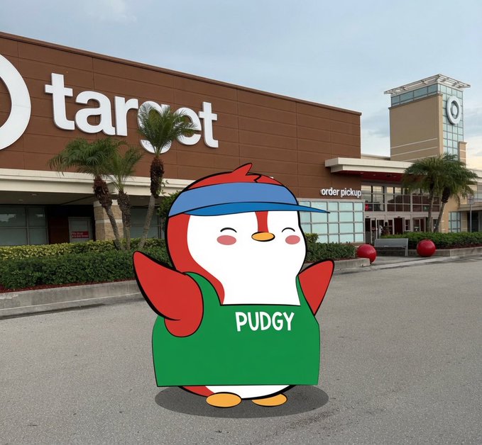 A cartoon penguin mascot labeled 'PUDGY' wearing a blue visor and green shirt stands in the parking lot of a Target store with an 'order pickup' entrance visible.