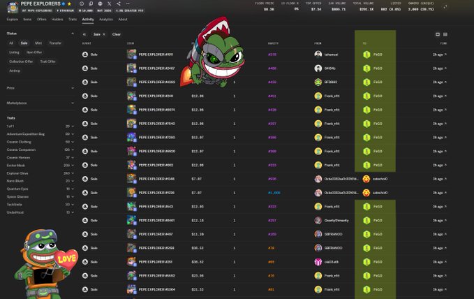A Pepecoin Explorer page showing various Pepe-themed NFT listings, prices, and rarity rankings.