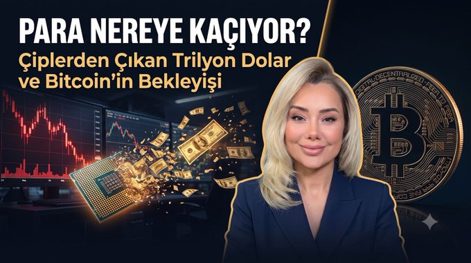A promotional thumbnail featuring a blonde woman in a dark blazer alongside a Bitcoin graphic and a stock chart with falling money, with Turkish text reading "PARA NEREYE KAÇIYOR? Çiplerden Çıkan Trilyon Dolar ve Bitcoin'in Bekleyişi," announcing a livestream scheduled for August 3rd at 12:30.
