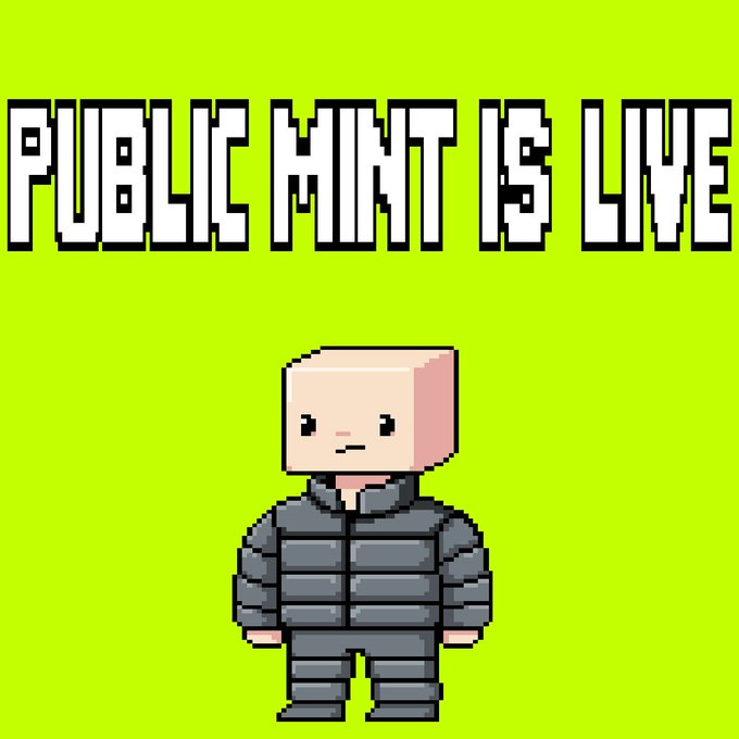 The image is a pixel-art promotional graphic featuring a small blocky character in a gray puffy jacket standing below bold white pixelated text reading "PUBLIC MINT IS LIVE" against a bright green background, directly reinforcing the post's announcement of an NFT mint opening on OpenSea.