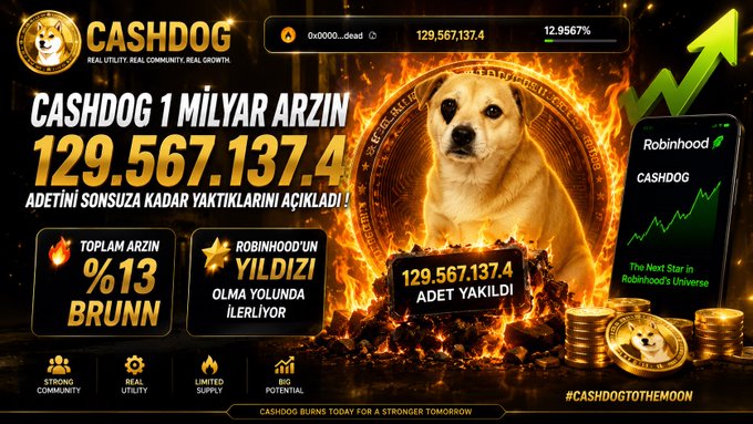 A promotional graphic for the "CASHDOG" cryptocurrency, claiming a burn of 129,567,137.4 tokens, featuring a Shiba Inu dog and referencing Robinhood.