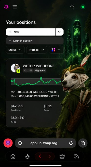 Mobile screenshot of a DeFi interface showing a 'WETH / WISHBONE' position with a 360.47% APR, a position value of $425.99, and a Robin Hood-themed mascot graphic.
