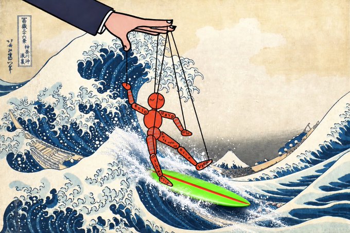 An artistic mashup of Hokusai's 'The Great Wave off Kanagawa' with a Spiderman-like red puppet figure surfing on a green surfboard, being controlled by strings held by a hand reaching down from the top of the image.